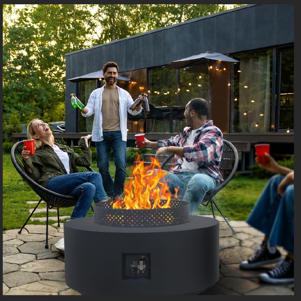3-Piece Outdoor Fire Pit Table, 32 Inch Propane Fire Table 65,000 BTU Black Round Gas Firepit, Baking Sheet, Wind Guard and 16 inches Tank Side Table for Deck, Backyard and Pool, Black