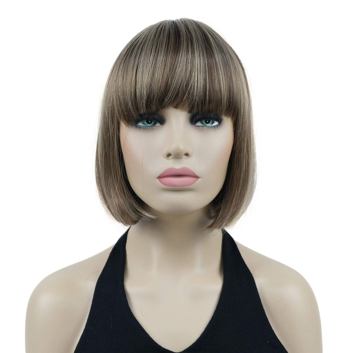 Lydell 8'' Straight Short Bob Hair Flat Bangs Cute Central Dot Skin Top Heat Resistant Synthetic Wigs (Ab607)