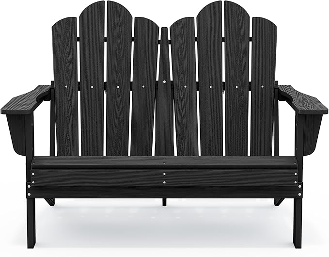 SERWALL 2 Person Adirondack Loveseat, HDPE All-Weather Folding Adirondack Bench Chair, Outdoor Adirondack Chair Set of 4, Black