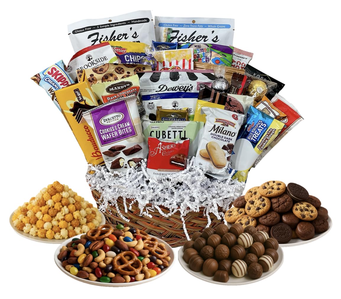 Customizable Gift Basket stuffed with chocolates cookies snacks and candies by MISTERGIFTBASKET.COM Hand-crafted for women men client sympathy
