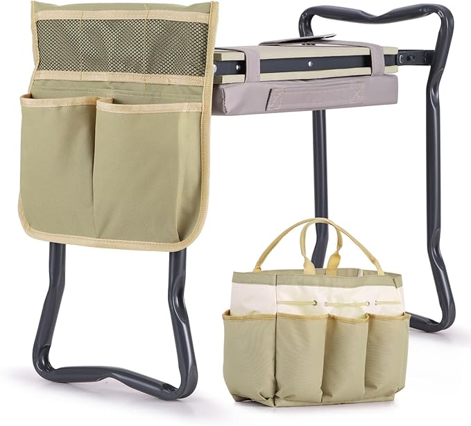 Ohuhu Upgraded Garden Kneeler and Seat 2-in-1 Foldable Gardening Stool with Detachable Soft Kneeling Pad, Garden Bench Heavy Duty with Large Tools Bag and Pouch, Gifts for Women Men Seniors Gardener