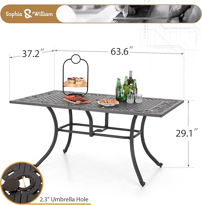Sophia & William 7 Pieces Cast Aluminium Patio Dining Set for 6 People, Powder-Coating Outdoor Table and 4 Chairs & 2 Swivel Rocking Chairs, Outdoor Patio Table Set with 2.3" Umbrella Hole, Bronze