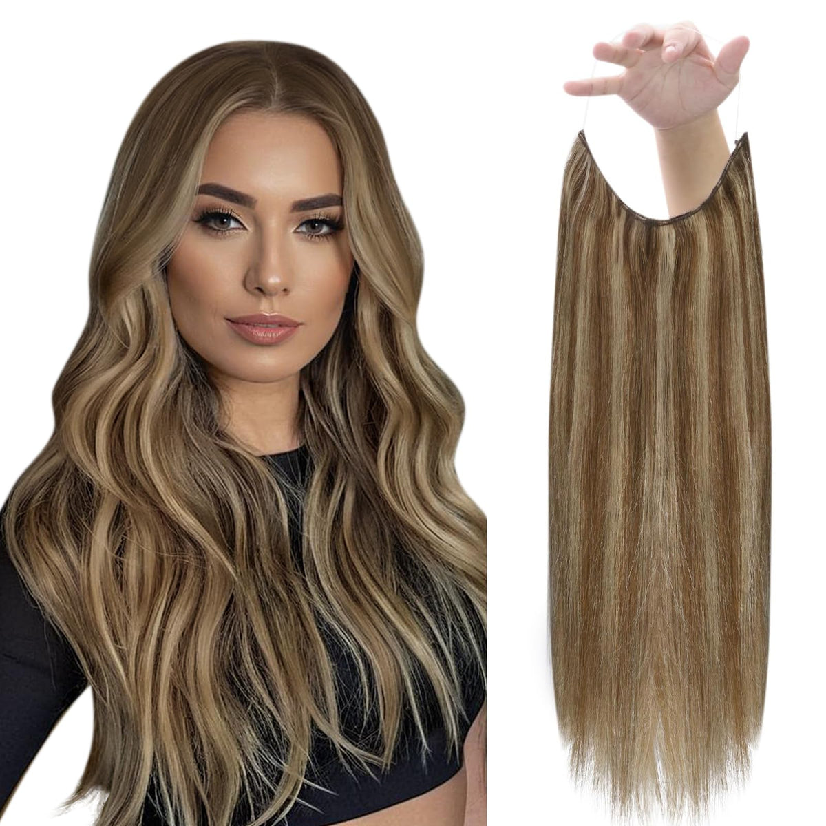 Fshine Invisible Wire Hair Extensions Real Human Hair Brown Highlights Clip In Hair Extensions Medium Brown Mix Honey Blonde Hum