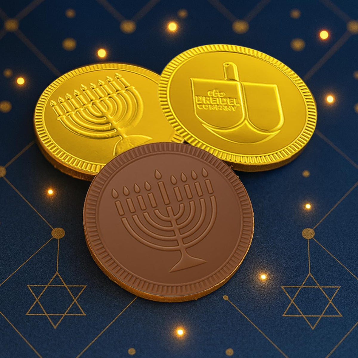 The Dreidel Company Hanukkah Chocolate Gelt, 96-Pack Mesh Bags of Milk Chocolate Coins, Kosher Certified Dairy, Dreidel and Menorah Design Chanukah