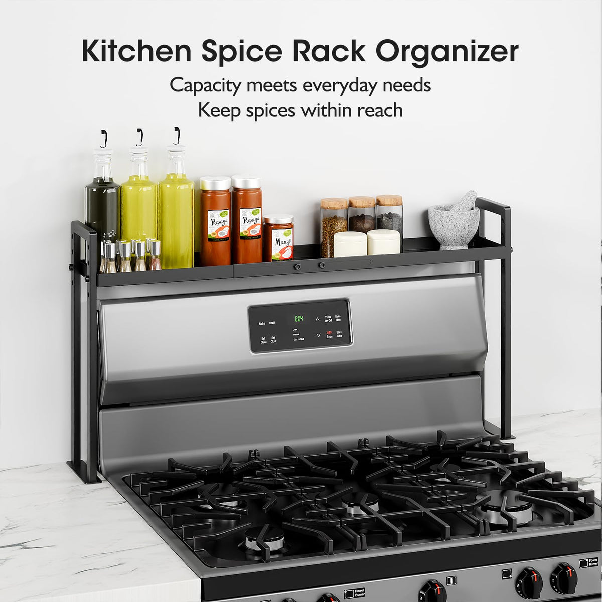 Bumusty Adjustable Stove Top Shelf, 4-Level Spice Rack, Black