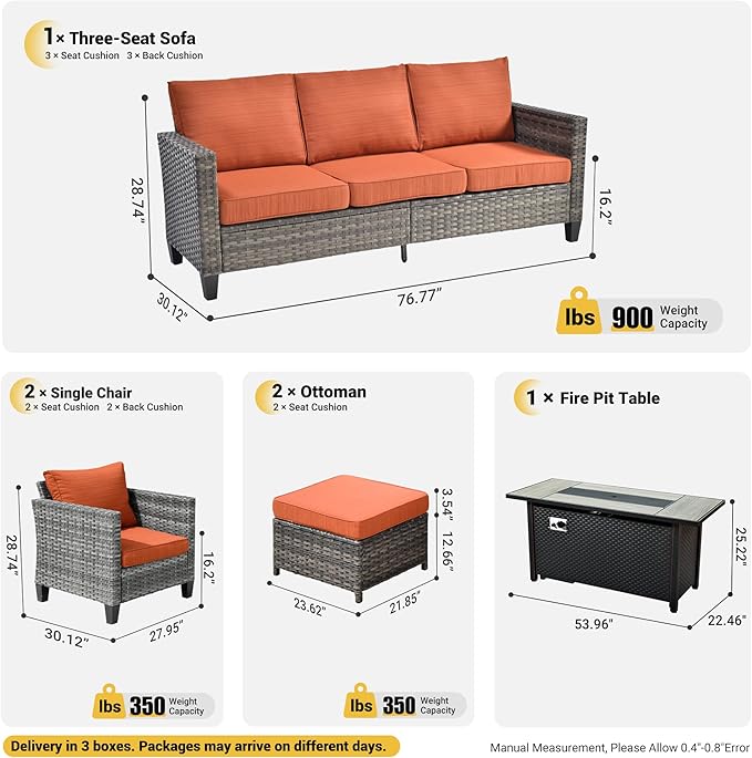 ovios 6 Pieces Patio Furniture Set with 54" Fire Pit Table, Outdoor Wicker Sofa with Comfy Cushions, All Weather High Back Rattan Couch Conversation Set, Orange Red