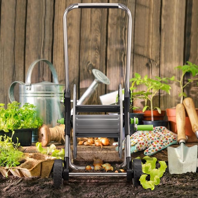 Garden Hose Reel Cart, Holds 75-150 Feet of 5/8-Inch Hose, Portable Hose Reel Cart With Wheels,Adjustable Handrail, Quick Hose Connector