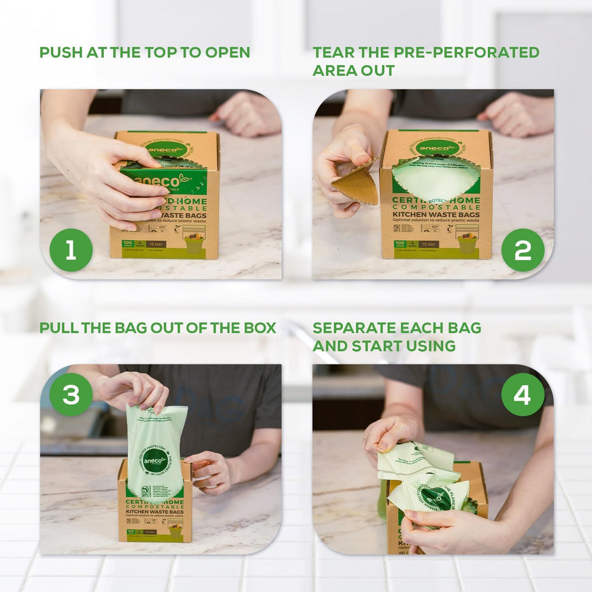 ANECO Compostable Trash Bags 4 Gallon (Flat-Top, 100 Count), Extra Strong for Medium Kitchen Garbage, OK Compost HOME & BPI Certified Compostable