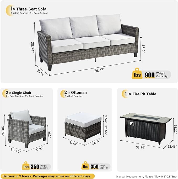 ovios 6 Pieces Patio Furniture Set with 54" Fire Pit Table, Outdoor Wicker Sofa with Comfy Cushions, All Weather High Back Rattan Couch Conversation Set, Grey