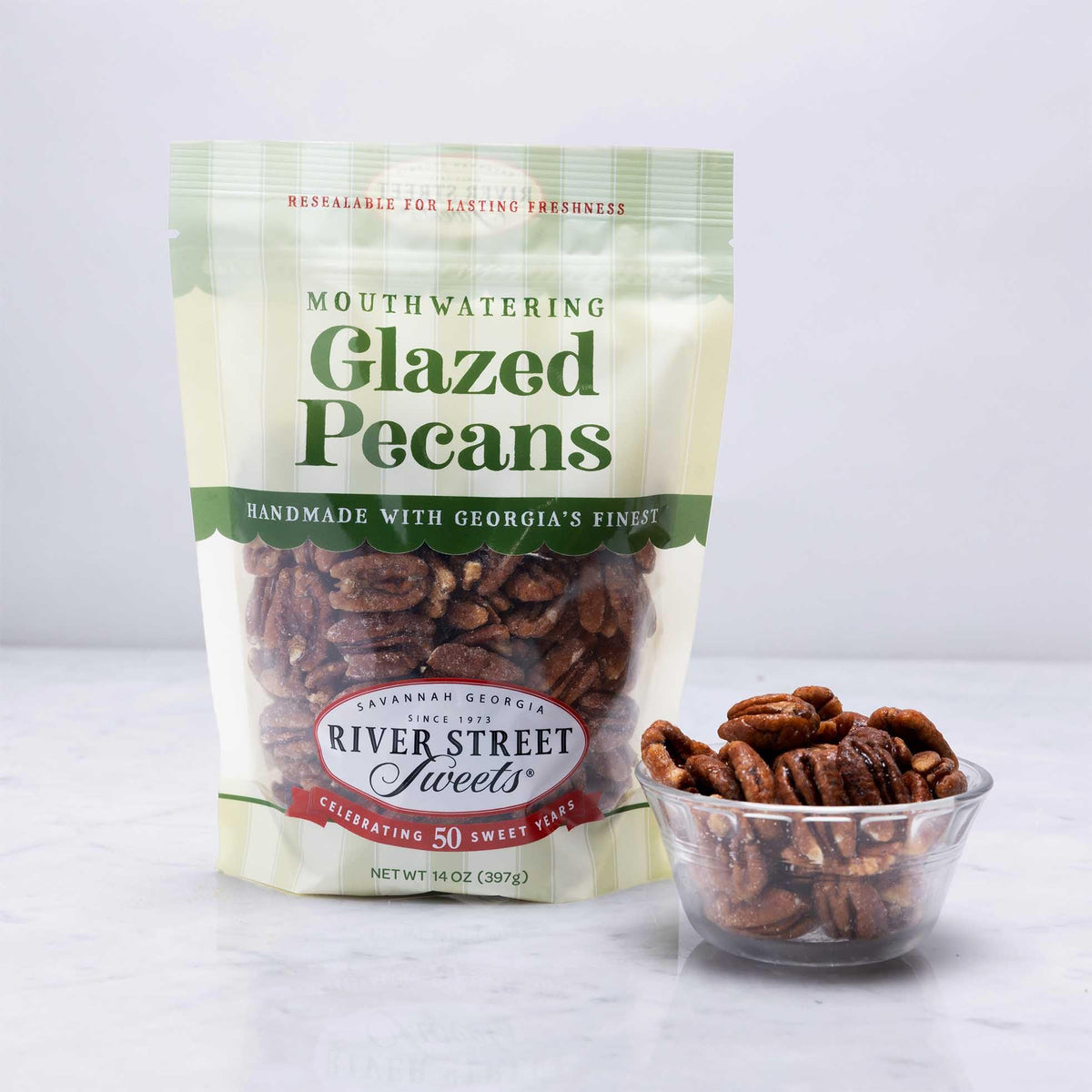 River Street Sweets Glazed Pecans, Handmade with Georgia Pecans, Resealable Bag, 14 Ounce