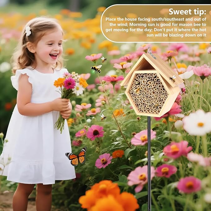 Mason Bee House for Garden, Natural Wooden Bee Habitat with Metal Ground Stake, Attracts Pollinators, Improve Garden Productivity, Outdoor Decoration