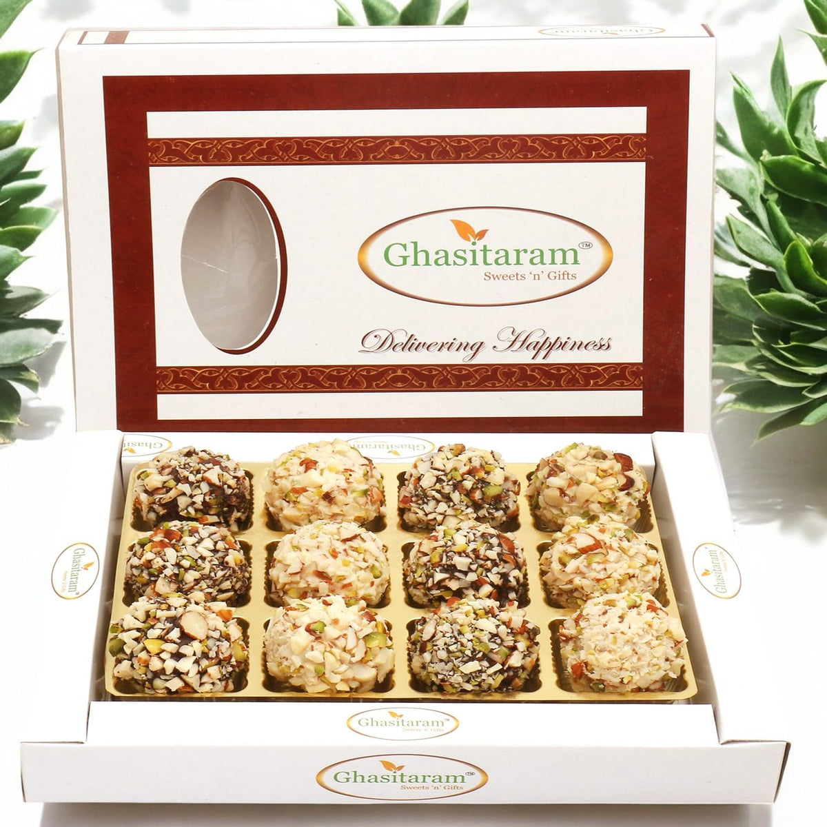 Ghasitaram Gifts Diwali Gifts Sweets - Chocolate Dryfruit Laddoos in White Box