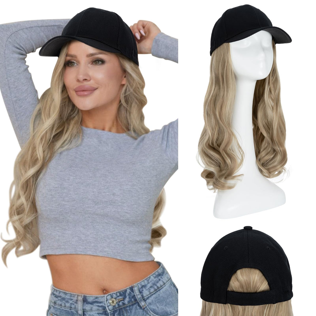 Hairro Baseball Cap With Hair Extensions Synthetic Hair Wig Baseball Hat With Hair Attached Adjustable Wave Hairpiece With Baseb