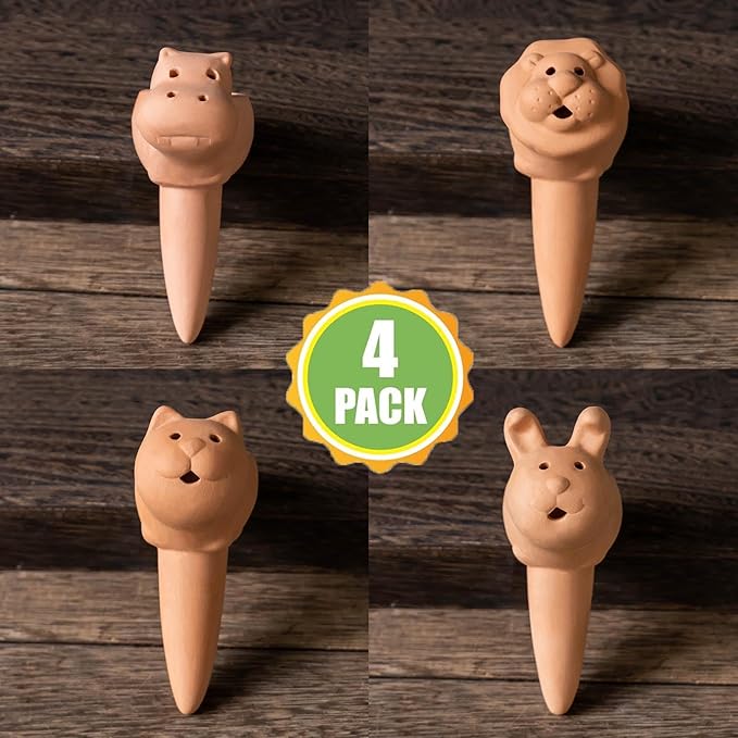 Plant Watering Devices 4 Pack Terracotta Vacation Plant Waterer Bottle Watering Stakes Slow Release Plant Watering Spikes Self Watering Devices for Indoor Outdoor Plants
