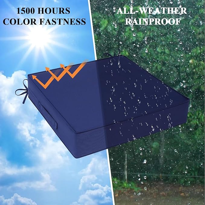 Outdoor Chair Cushions Set of 2 for Patio Furniture 18.5x16x3 Inch Waterproof Patio Chair Cushion 3 Year Color Fastness Rectangle Elastic Foam Garden Couch Pads with Ties and Handle,Blue