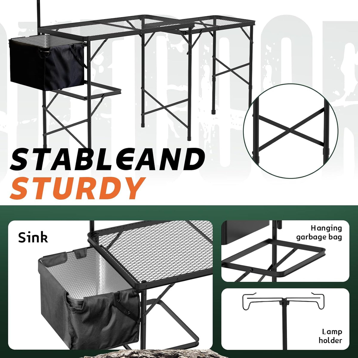 Folding Table with Sink and Double Shelf, Camping Table Height Adjustable Folding Grill Table, Portable Outdoor Table for Picnic,Camping,BBQ,Beach,69 x20 x32 Inches(Black)