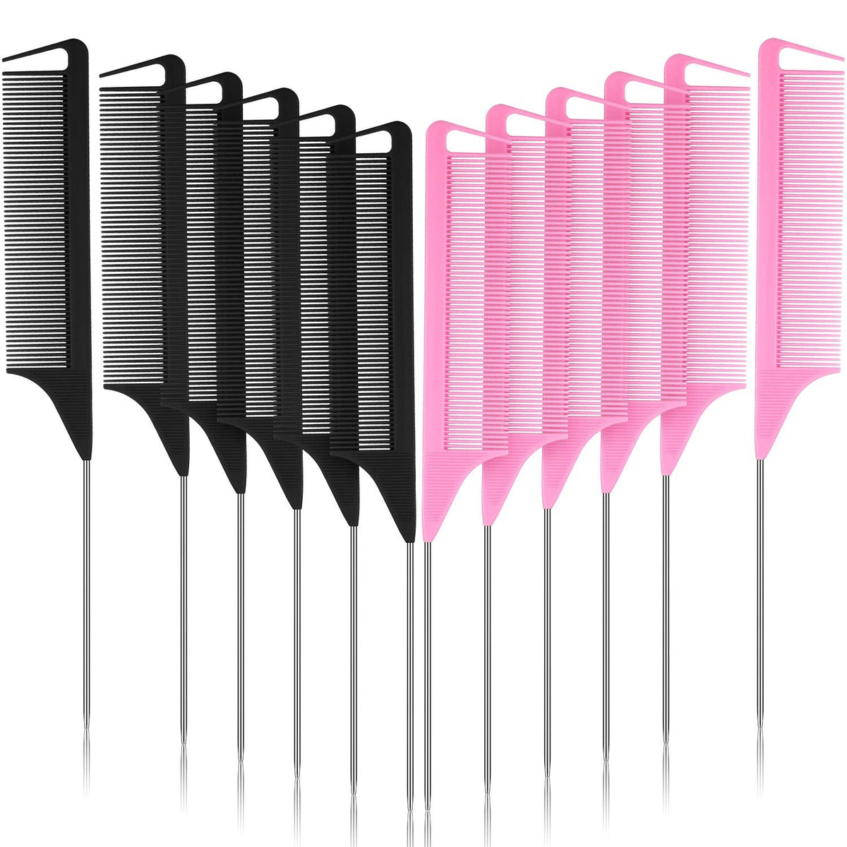 Patelai 12 Pcs Stainless Steel Pintail Combs For Hair Styling, Teasing, Braiding, Pressing, Hairdressing Salon And Home (Pink, B