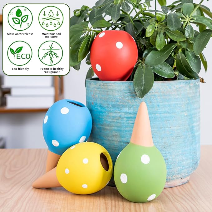 Terracotta Self Watering Spikes, 4 Pack Watering Globes for Indoor Outdoor Plants, Slow Release Plant Self Watering Planter Insert Devices for Travel, Vacation, Garden Care, Cute Small Ball Shape