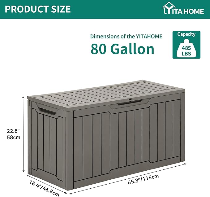 YITAHOME 80 Gallon Outdoor Storage Box, Large Water Resistant Resin Deck Box, Indoor Outdoor Lockable Storage Container for Patio, Garden, Cushions, Tools, Equipment (Taupe)