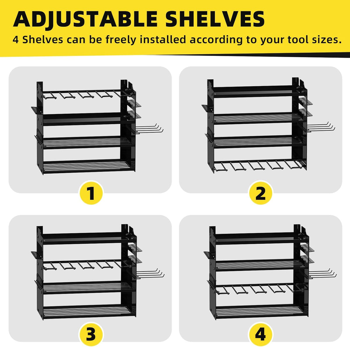 Power Tool Organizer Wall Mount with 4-Drill Holders-400Lbs Load Heavy Duty Metal 4-Layers Garage Storage & Organization Battery Tools Rack with Side Panels Utility Racks Workshop Gifts for Men