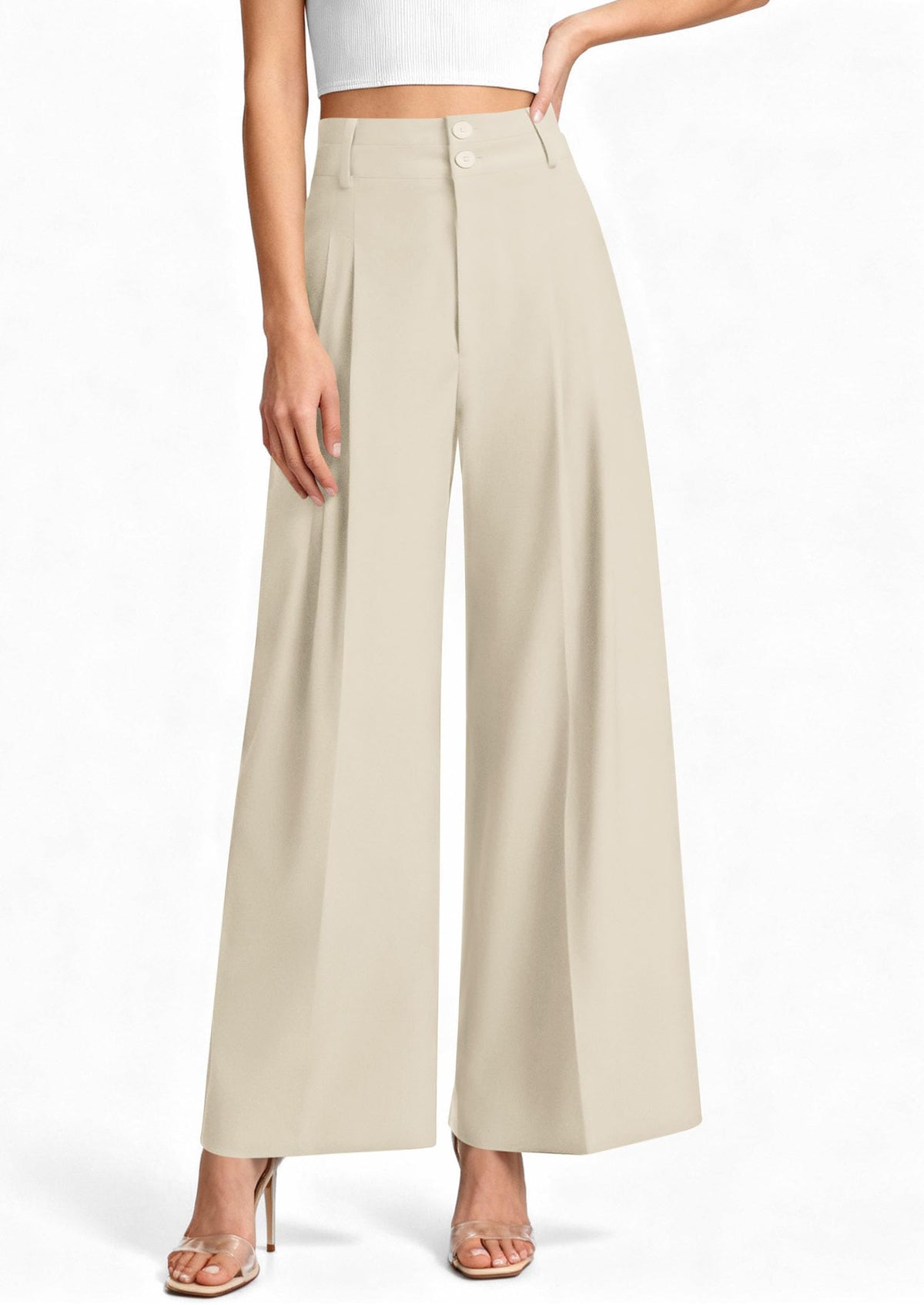 PRETTYGARDEN Women's High Waisted Wide Leg Dress Pants,Beige,L