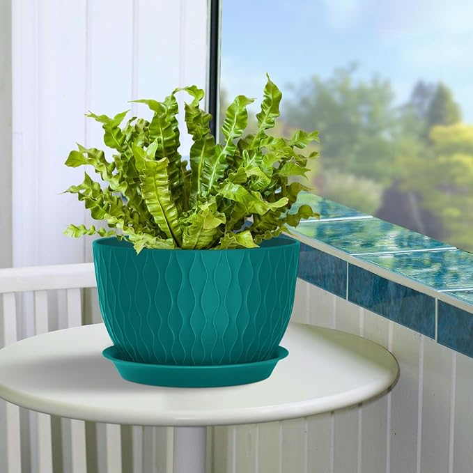 Plant Pots 12/10/9 Inch Pots, Set of 3 Plastic Planters with Drainage Holes and Saucers,Plastic Flower Pots,Nursery Planting Pot for Indoor Out Door Plants(Teal)