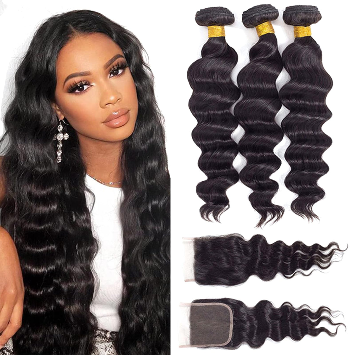 12A Loose Wave Bundles With Closure Human Hair (22 24 26+20'') 100% Unprocessed Virgin Brazilian Loose Deep Wave Human Hair Weav