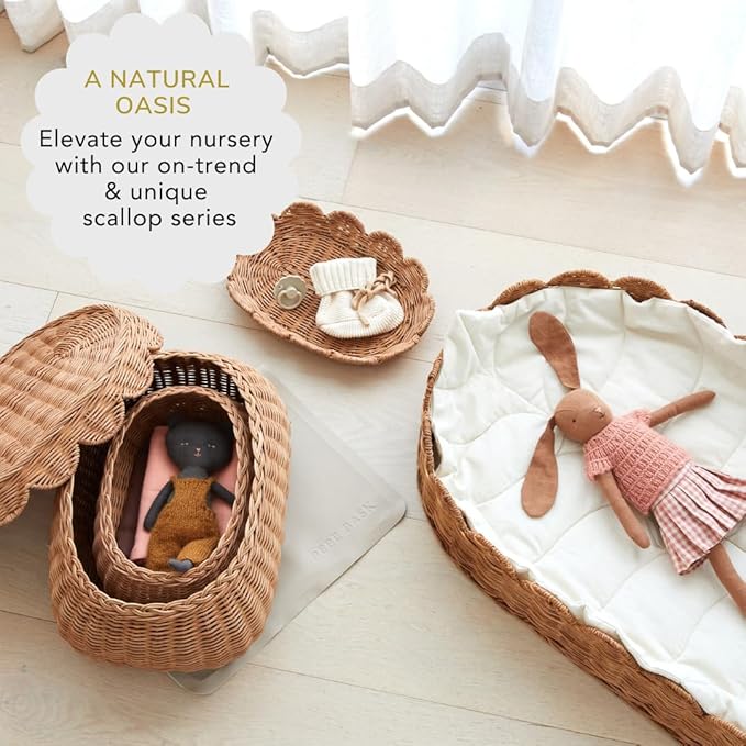 BEBE BASK Premium Baby Changing Basket - Artisan-Crafted Scalloped Rattan - Changing Basket for Baby Dresser - All Accessories Included - Complete Set for Nursery (Mocca)