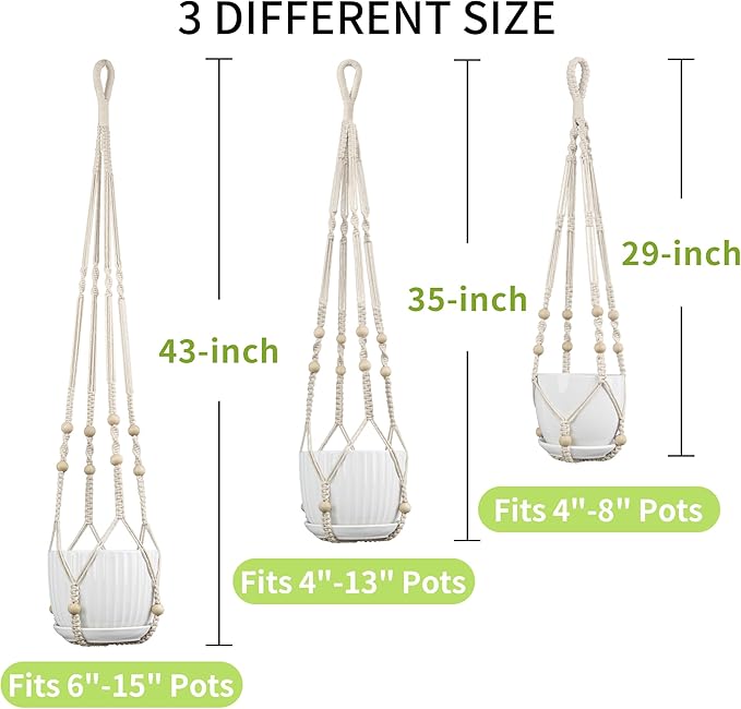 3 Pack Macrame Plant Hanger - 43"/35"/29" Different Sizes, Hanging Planter Basket Flower Pot Holder for Indoor Outdoor, with Wood Beads, Boho Home Decor, Ivory (POTS NOT Included)