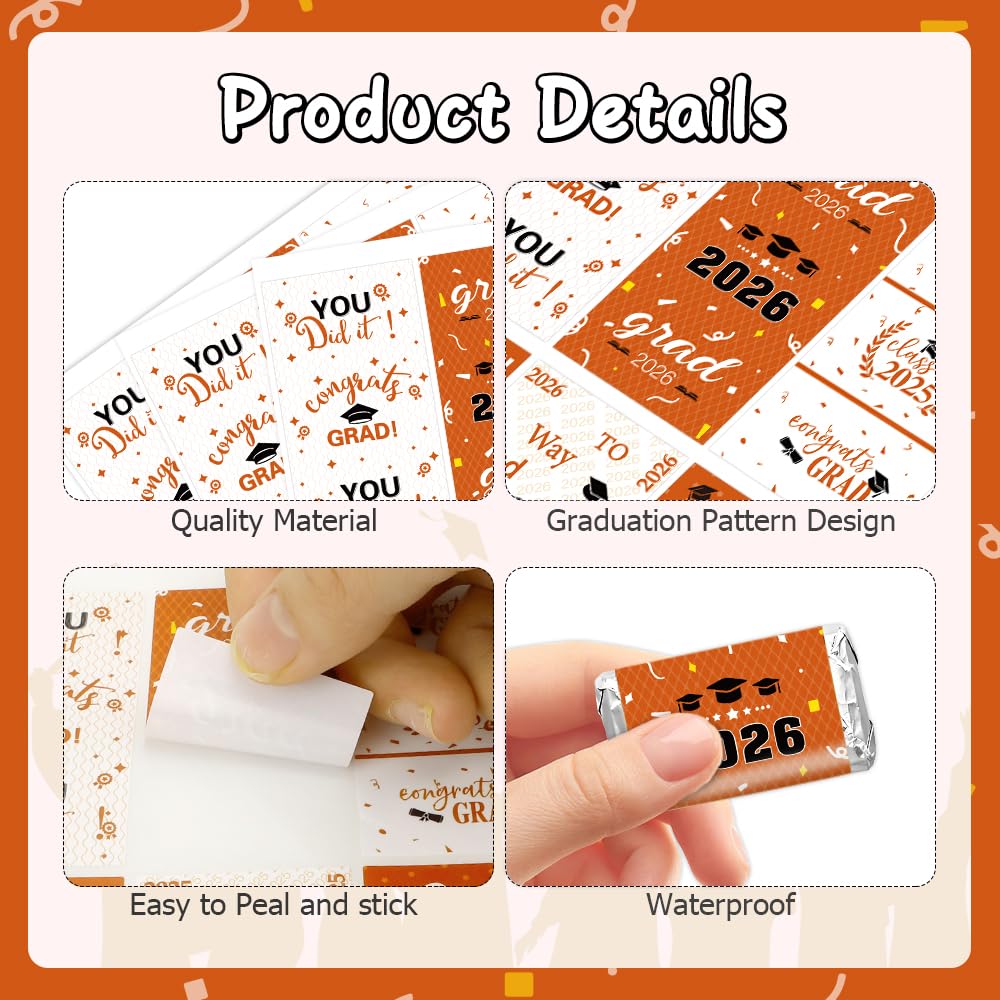 Graduation Party Decorations 2026 Graduation Label Stickers, 120PCS Congrats Grad Mini Orange Black Candy Wrapper Class Of 2026 Chocolate Bar Sticker