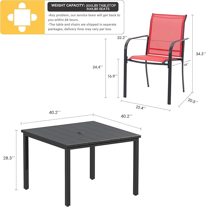 VICLLAX Patio Dining Set for 4, Outdoor Furniture Set Includes 1 Square Patio Table and 4 Stacking Patio Sling Chairs, Black Tabletop and Red Fabric