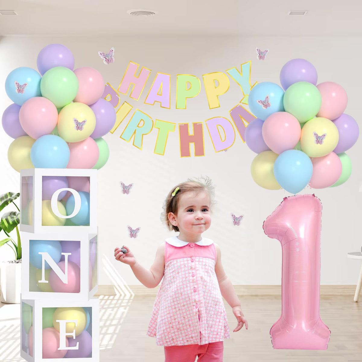 Yumiche First Birthday Decorations For Girl-40 Inch Pink 1 Number,Pastel HAPPY BIRTHDAY Banner, Pastel Balloons And One Balloon Boxes for one year old