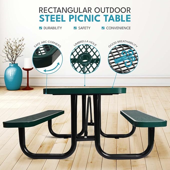 6 ft. Rectangular Outdoor Steel Picnic Table with Umbrella Pole, Heavy-Duty Weather-Resistant Dining Table for Patio, Backyard, and Garden, Rust-Resistant Finish, Green