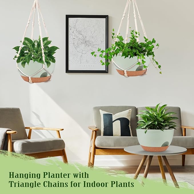 Hanging Planters for Outdoor Indoor Plants, 2 Pack 12 Inch Hanging Basket Plants Outdoor, Self Watering Hanging Planter with Plant Hanger for Garden Home Decoration (2 Type Plant Hangers Green)