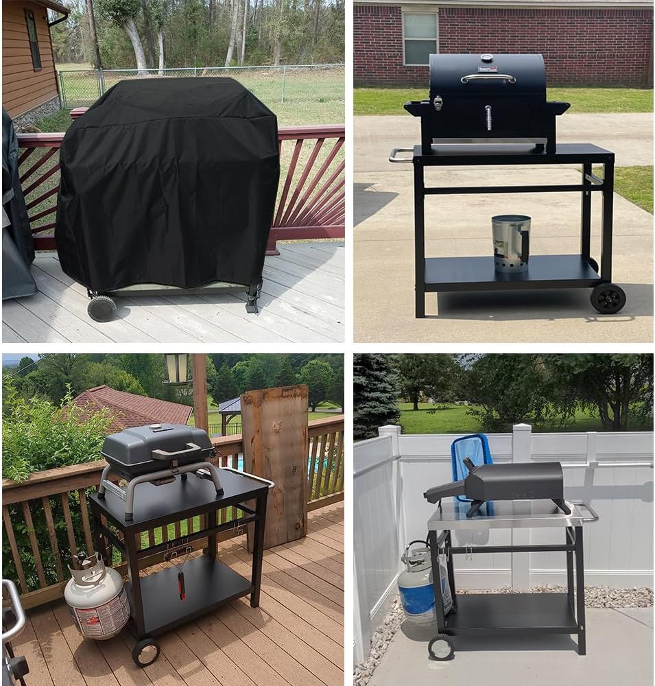 Outdoor Dining Cart Cover for Royal Gourmet Double-Shelf Movable Prep Grill Side Table Heavy Duty Waterproof Cover for Stainless Steel Top BBQ Pizza Oven Kitchen Work Table, Black