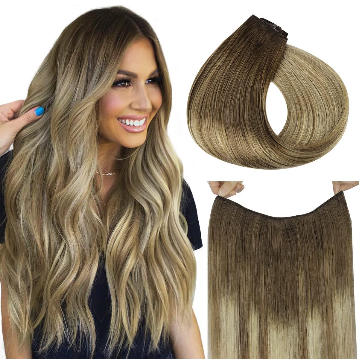 Hotbanana Wire Hair Extensions, 20 Inch 110G Walnut Brown To Ash Brown And Bleach Blonde Fish Line Hair Extensions Real Human Ha