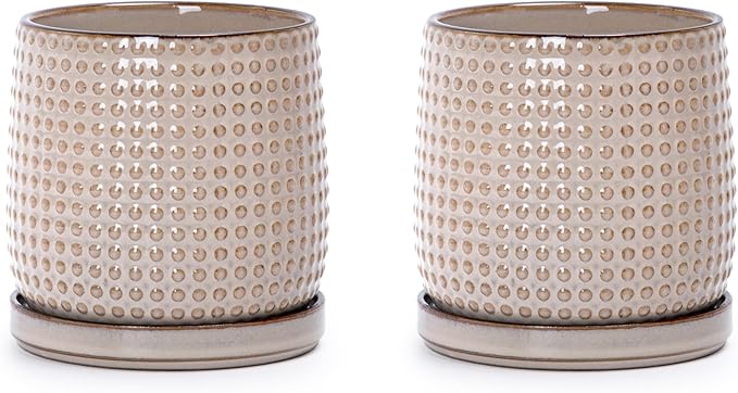 D'vine Dev Set of 2 Ceramic Plants Pots, 4 Inch Beaded Stoneware Flower Pot for Plants with Drainage Hole and Saucer, Light Brown, 27-E-Z-4