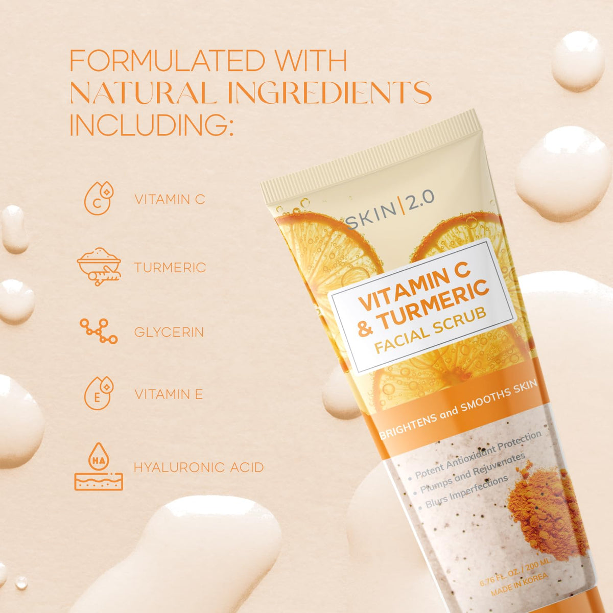 Skin 2.0 Vitamin C & Turmeric Face Scrub - Dermatologist Tested, Gentle Exfoliating, Brightening, Hydrating, Anti-Aging, Clean Beauty, Cruelty-Free Korean Skincare, All Skin Types - 6.76 Fl Oz / 200ML