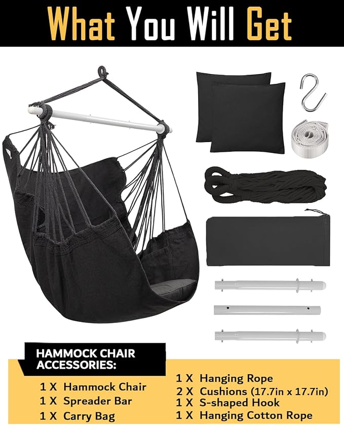 ADVOKAIR Hammock Chair Swing (500 lbs Max-2 Cushions) - Hanging Hammock Chair Rope Swing Indoor for Bedroom, Outdoor, Patio, Bedroom, Porch, Deck - Sturdy Steel Bar with Anti-Slip Safety Rings