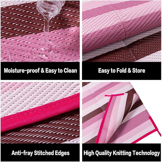 Outdoor Waterproof Rug 6'x9' Plastic Straw Rugs Washable Reversible Floor Mat Pink Stripe Carpet for Camping RV Deck Entryance Porch Picnic Balcony Beach Backyard