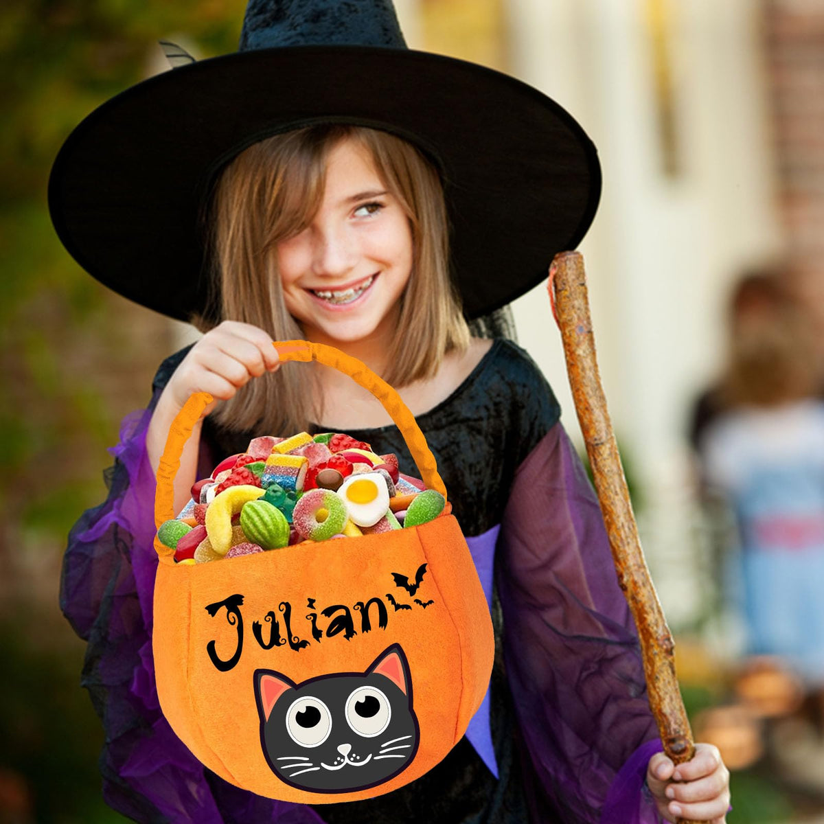 PFTPOW Personalized Halloween Basket with Name Custom Halloween Trick or Treat Bucket Bag Customized Candy Baskets Gift for Kids Boys Girls Orange