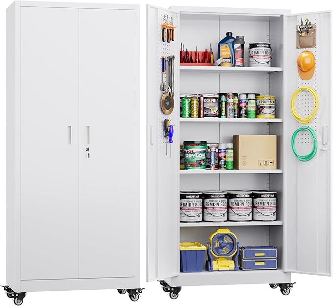 73" H Metal Garage Storage Cabinet with Wheels & Pegboard,Rolling Tool Cabinet with 2 Doors and 4 Shelves for Garage,Home,Office,Warehouse,Workshop, Required-Assembly,White