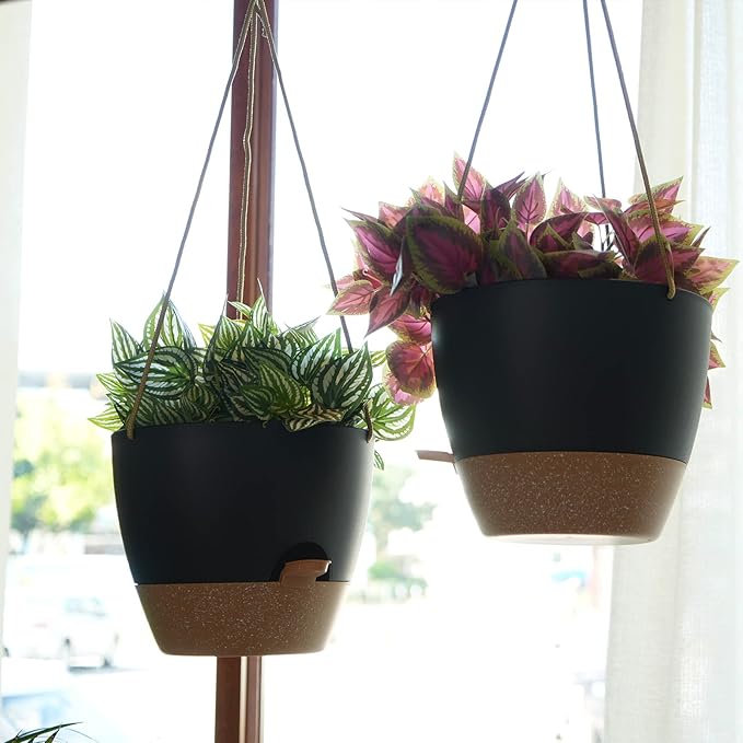 8 inch Hanging Planters, 2 Pack Self Watering Hanging Pots with 20oZ Deep Reservoir for Indoor Outdoor Plants Flowers, Black with Brown