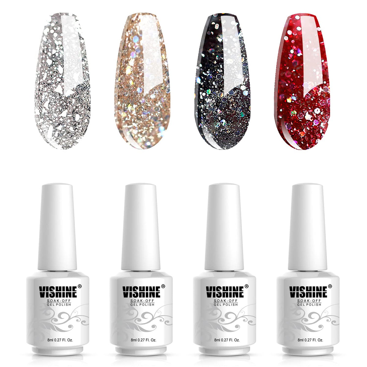 Vishine Glitter Gel Nail Polish Set - 4Pcs 8Ml Sparkle Red Black Gold Silver Shinning Colors Uv Led Soak Off Gel Polish Collecti
