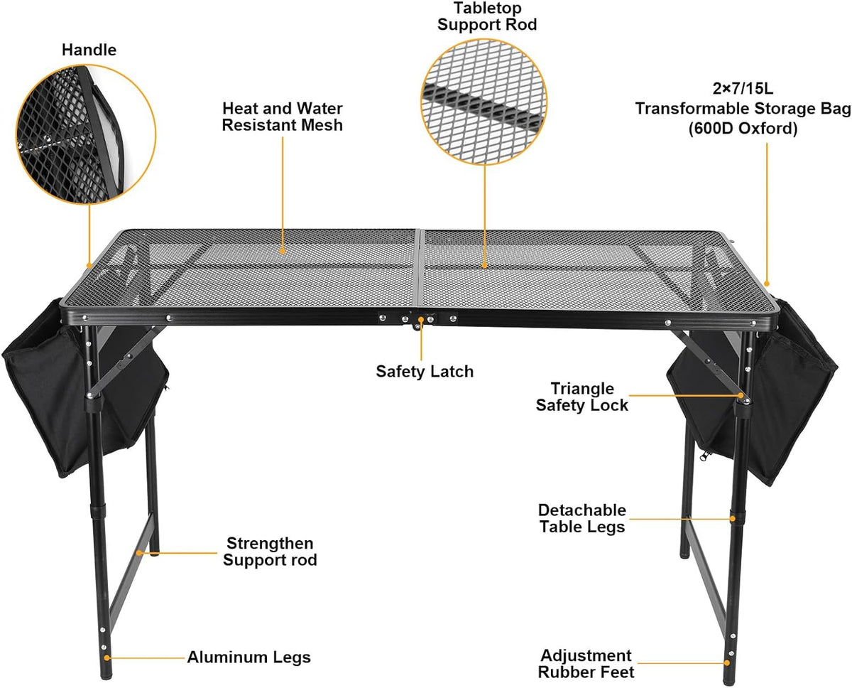 Grill Table 4FT Camping Table with 7/15 L Storage Bag 3 Height Adjustable Picnic Table Foldable Folding Portable Stand Mesh Outdoor BBQ