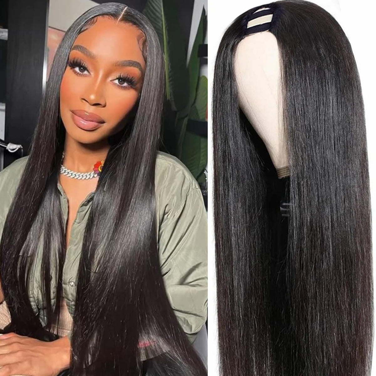 Nvnvdij U Part Wigs Straight Brazilian Virgin Human Hair 2''X 4'' U Shape Glueless Wigs 180% Density Natural Black With Straps C