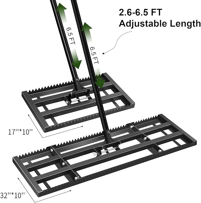 Lawn Leveling Rake-17"x10" Heavy Duty Leveler Reinforced Landscape Tool, Steel Golf Rake with Serrated Edge & Smooth Plate for Level Soil Compost Sand Grass Dirt Yard Garden 6.5FT Adjustable Handle