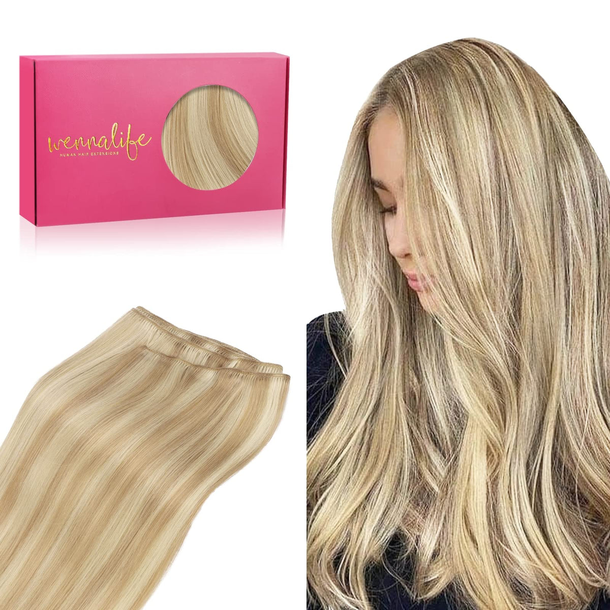 Wennalife Sew In Hair Extensions Real Human Hair, 20 Inch 100G Light Blonde Highlighted Golden Blonde Machine Weft Hair Extensio