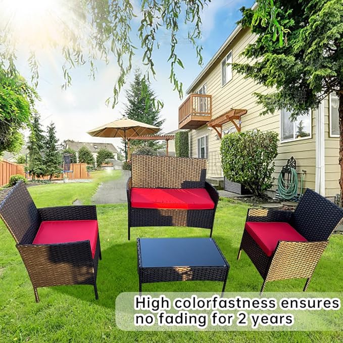 3-Pack Outdoor Patio Furniture Replacement Cushions Set–High-Elastic Sponge Cushions Fit 4-Piece Wicker Rattan Sofa, Loveseat & Chairs, 36x18x2 & 18x18x2, Waterproof, Fade-Resistant (Wine red)