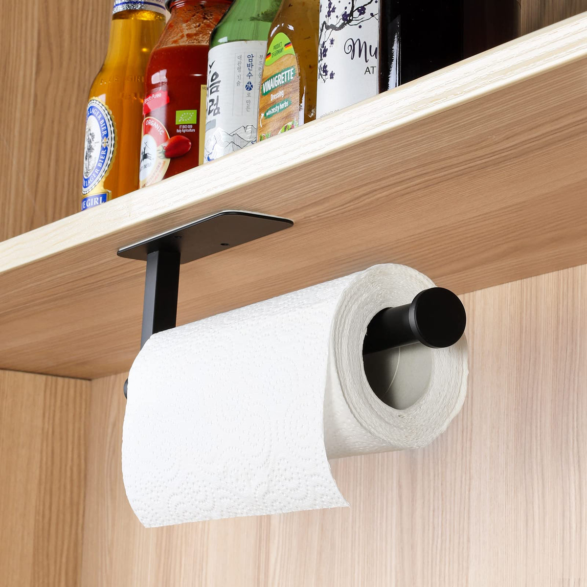 ASTOFLI Paper Towel Holder Under Cabinet No Drilling, Self Adhesive Paper Towel Holder Wall Mount for Kitchen Rack, Under Counter Napin Holder No Drill, 304 Stainless Steel Matte Black